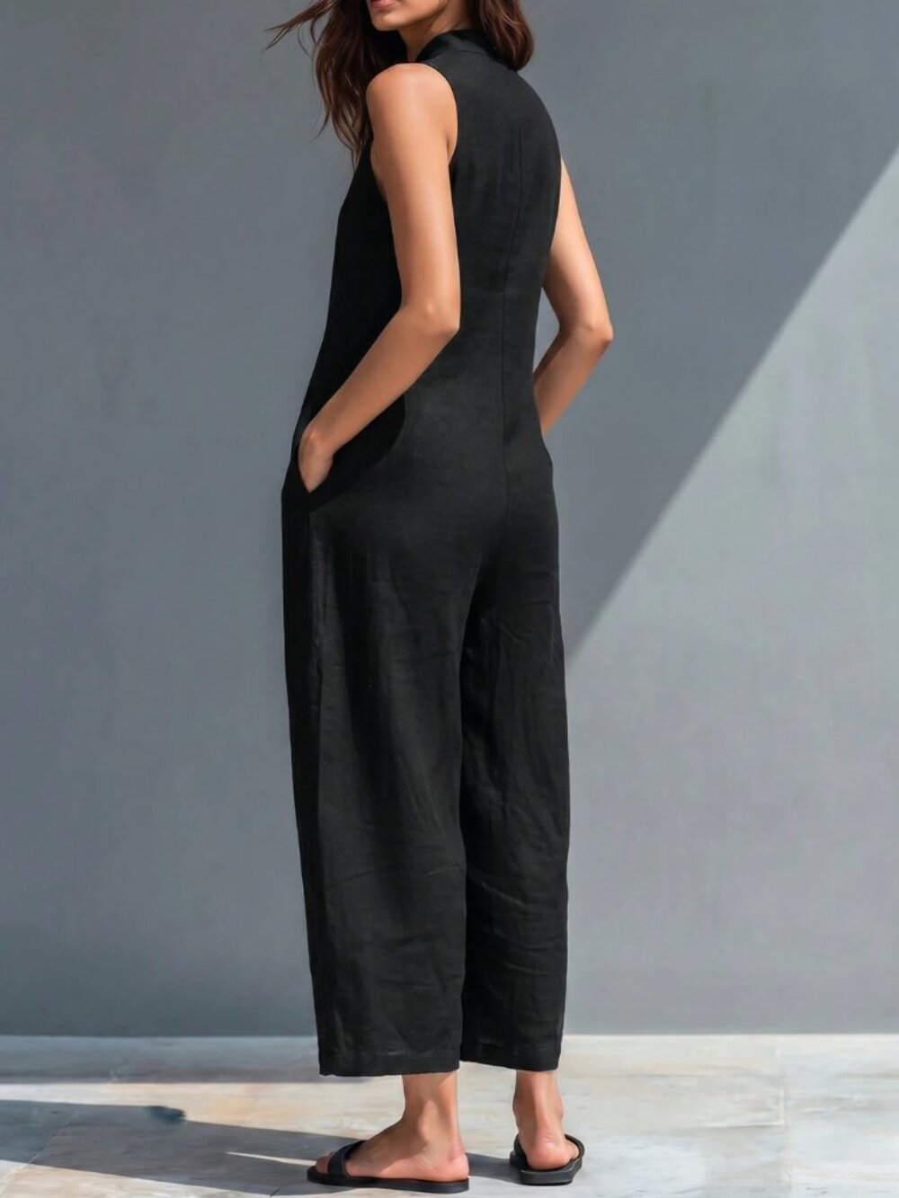 Minimalist Black Sleeveless Wide Leg Jumpsuit Overall - Picture 3 of 8